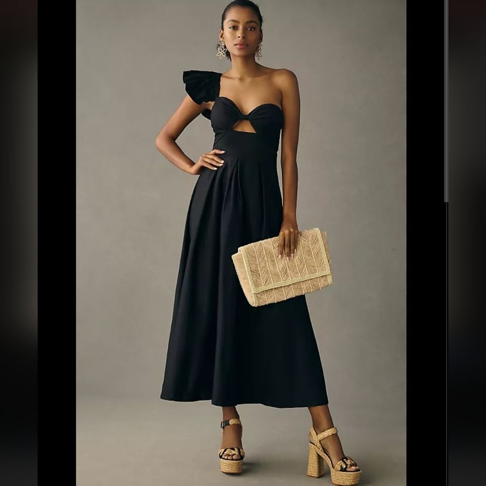 Eva Franco Anthropologie Elegant One-Shoulder Maxi Dress In Black Size 12